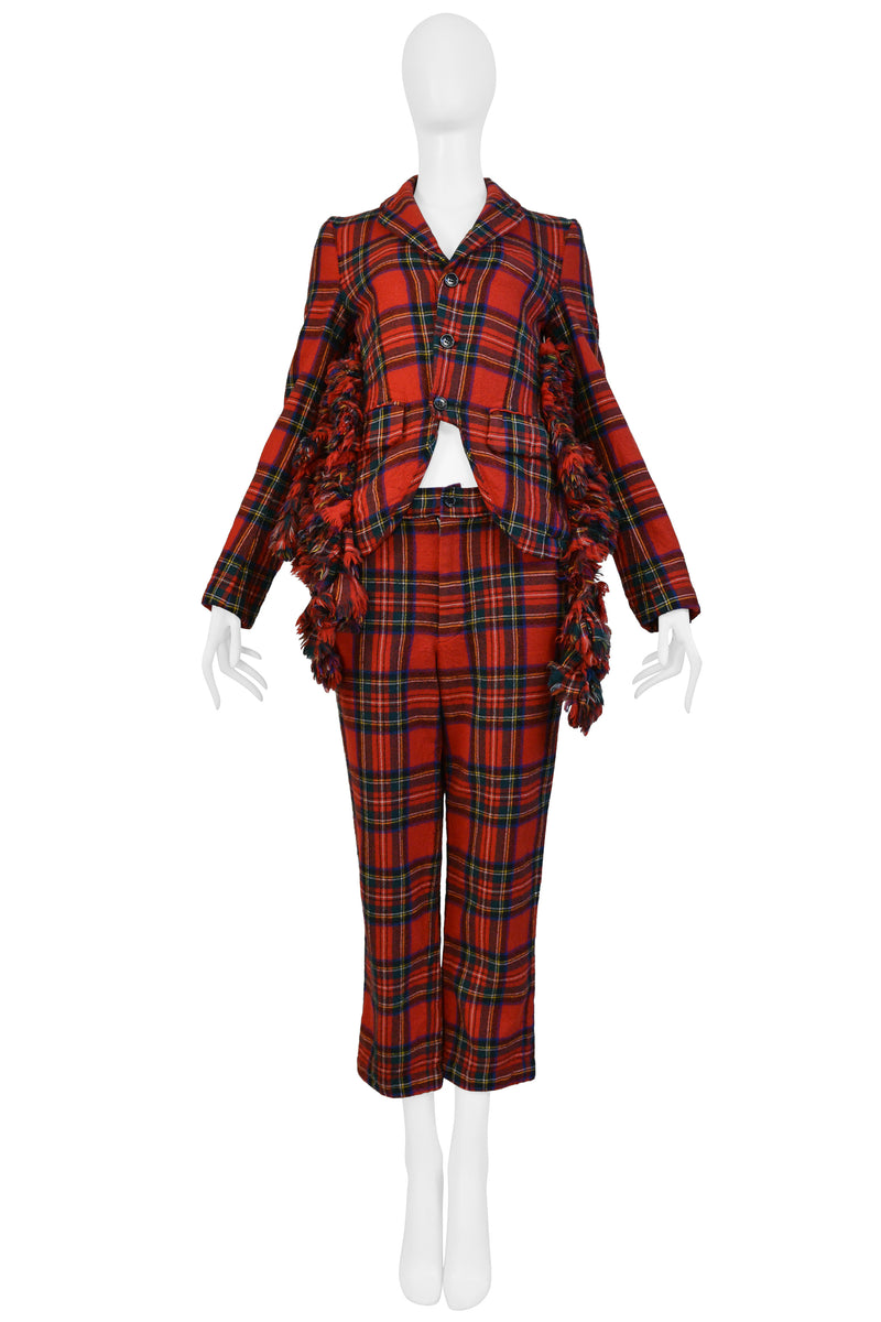 COMME DES GARCONS RED RUFFLE TARTAN JACKET AND PANTS SUIT ENSEMBLE 2000