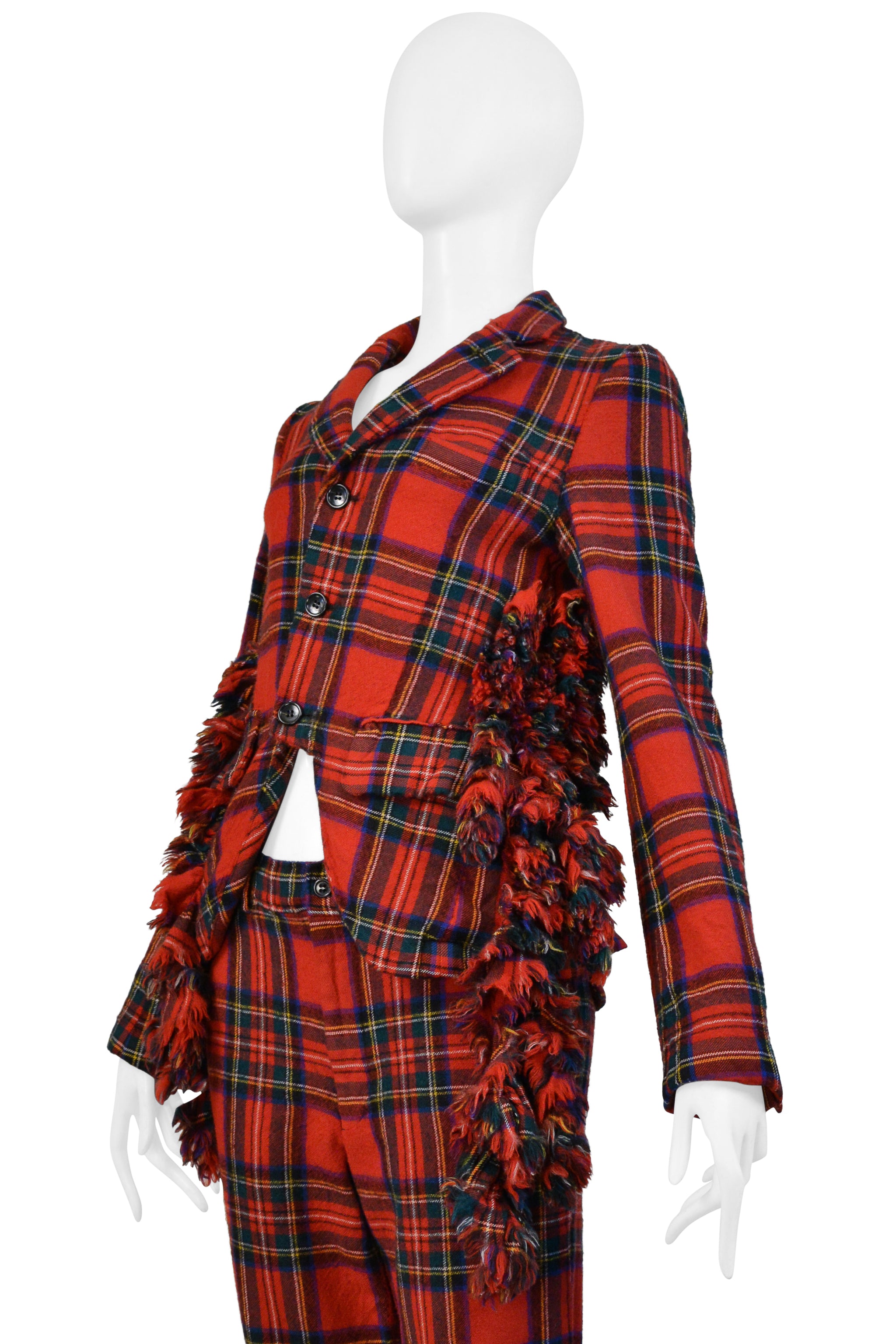 COMME DES GARCONS RED RUFFLE TARTAN JACKET AND PANTS SUIT ENSEMBLE 2000