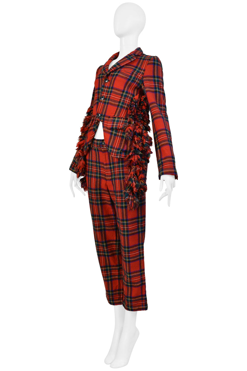 COMME DES GARCONS RED RUFFLE TARTAN JACKET AND PANTS SUIT ENSEMBLE 2000