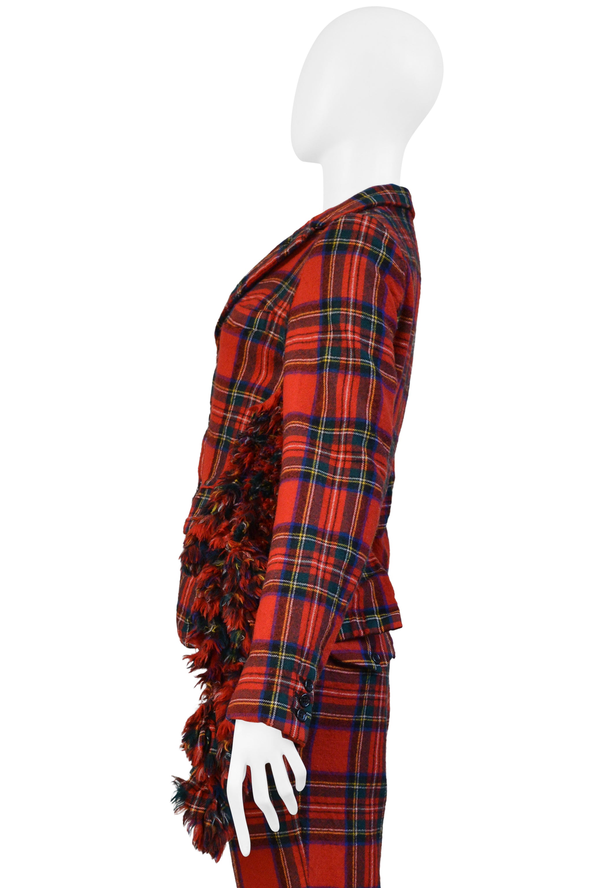 COMME DES GARCONS RED RUFFLE TARTAN JACKET AND PANTS SUIT ENSEMBLE 2000