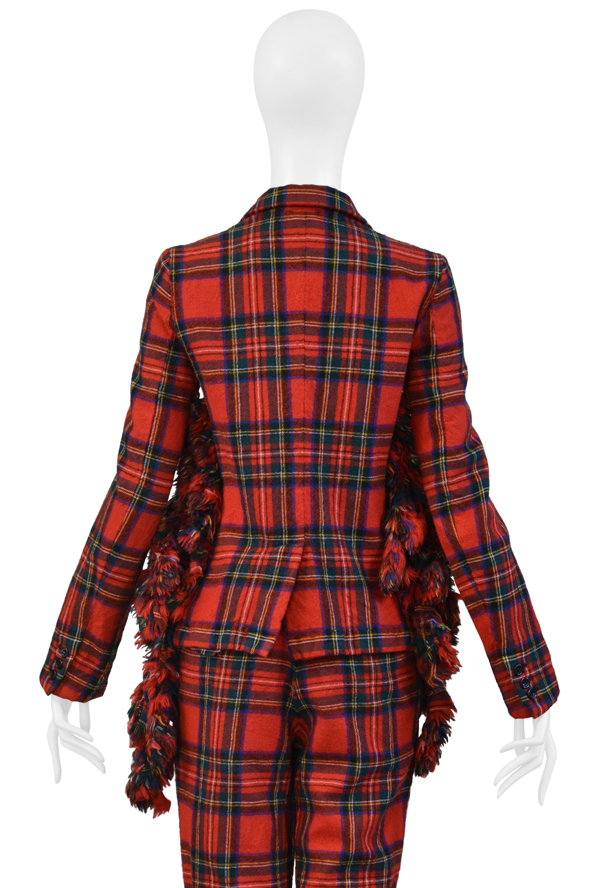 COMME DES GARCONS RED RUFFLE TARTAN JACKET AND PANTS SUIT ENSEMBLE 2000