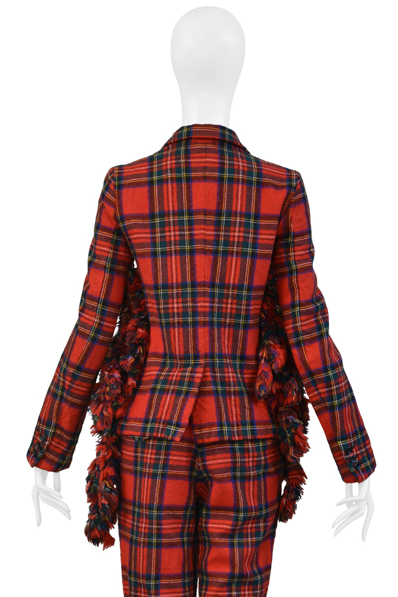 COMME DES GARCONS RED RUFFLE TARTAN JACKET AND PANTS SUIT ENSEMBLE 2000