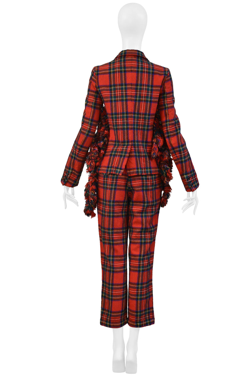 COMME DES GARCONS RED RUFFLE TARTAN JACKET AND PANTS SUIT ENSEMBLE 2000