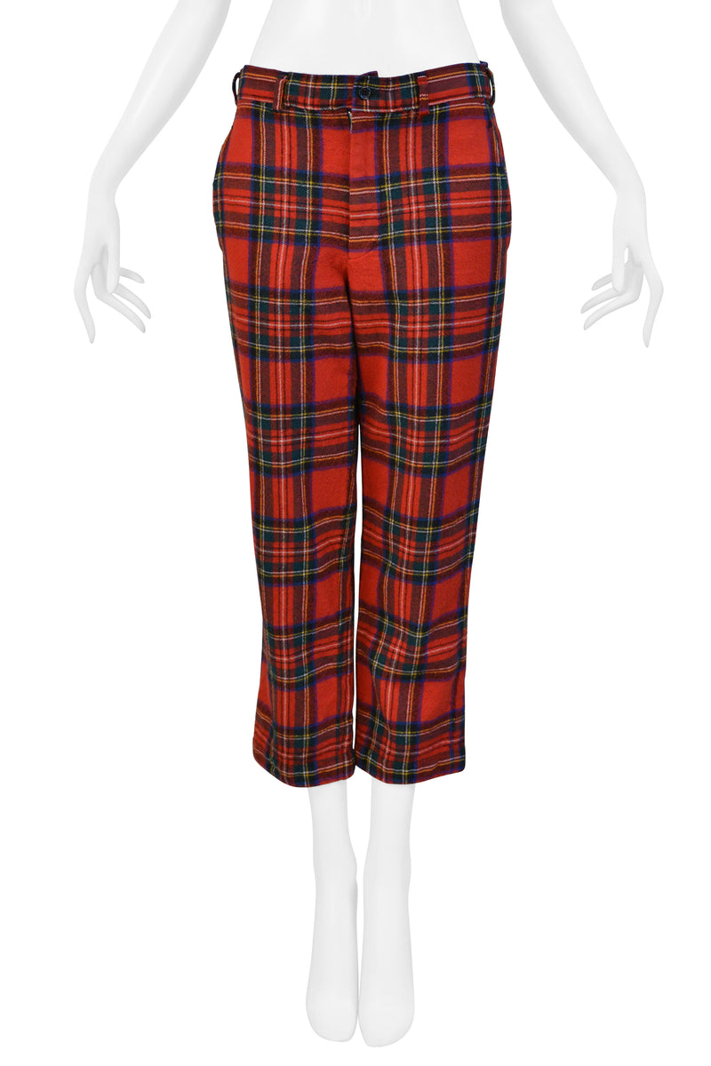 COMME DES GARCONS RED RUFFLE TARTAN JACKET AND PANTS SUIT ENSEMBLE 2000