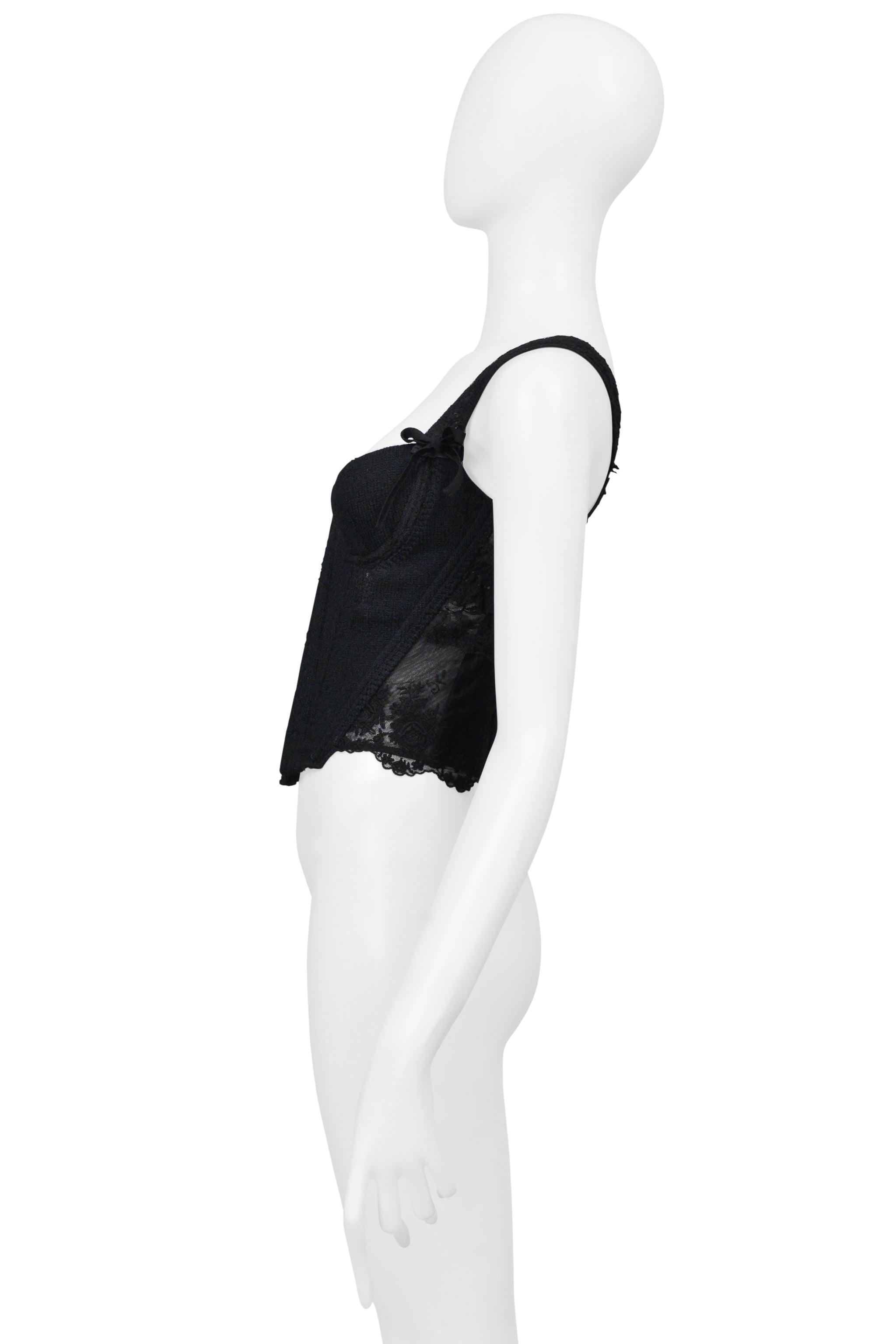TAO FOR COMME DES GARCONS BLACK KNIT CORSET TOP WITH VELVET BOWS & RUFFLES