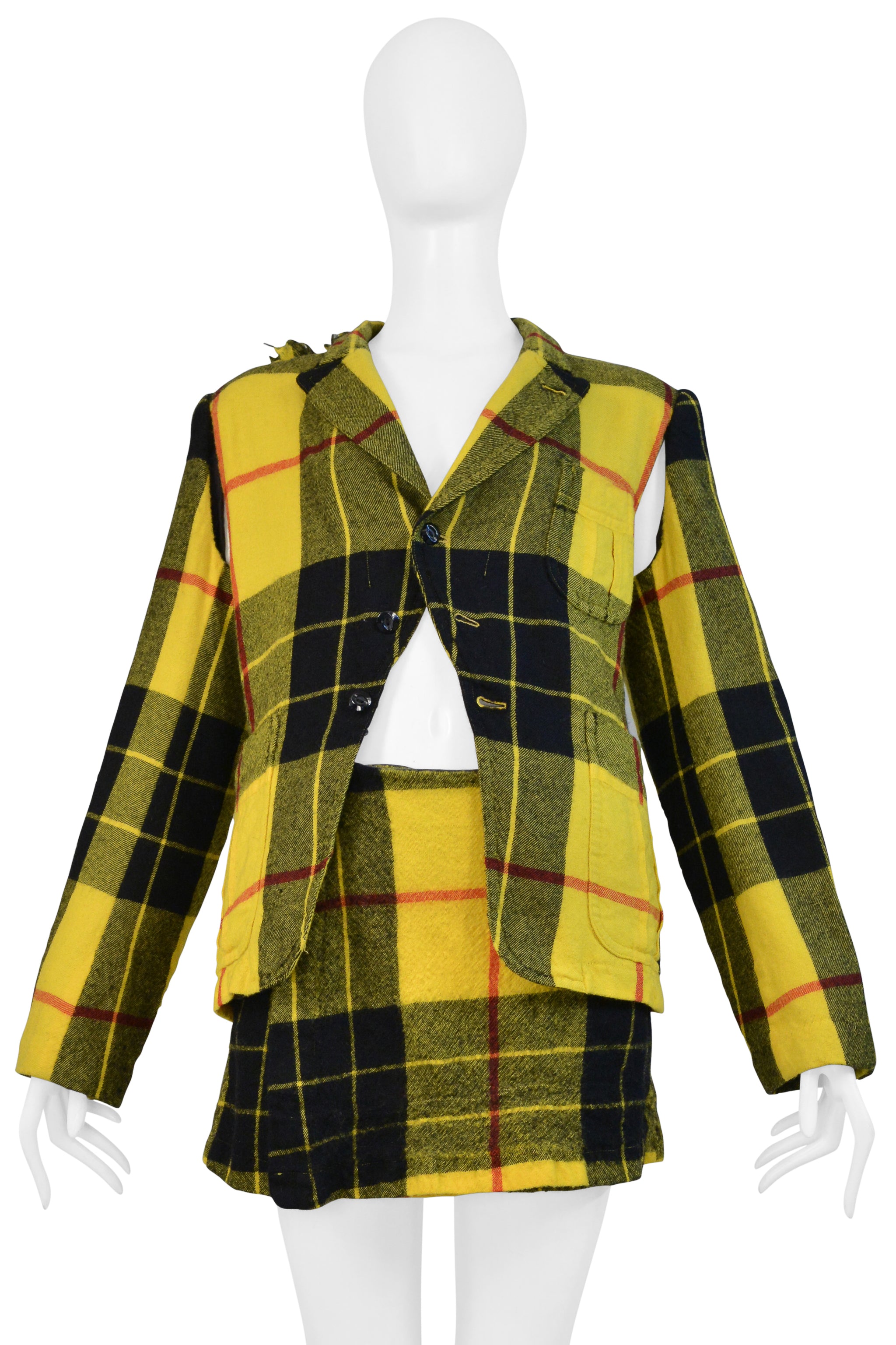 COMME DES GARCONS YELLOW RUFFLE TARTAN JACKET AND SKIRT SUIT ENSEMBLE 2000