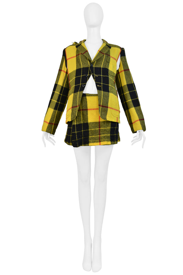COMME DES GARCONS YELLOW RUFFLE TARTAN JACKET AND SKIRT SUIT ENSEMBLE 2000
