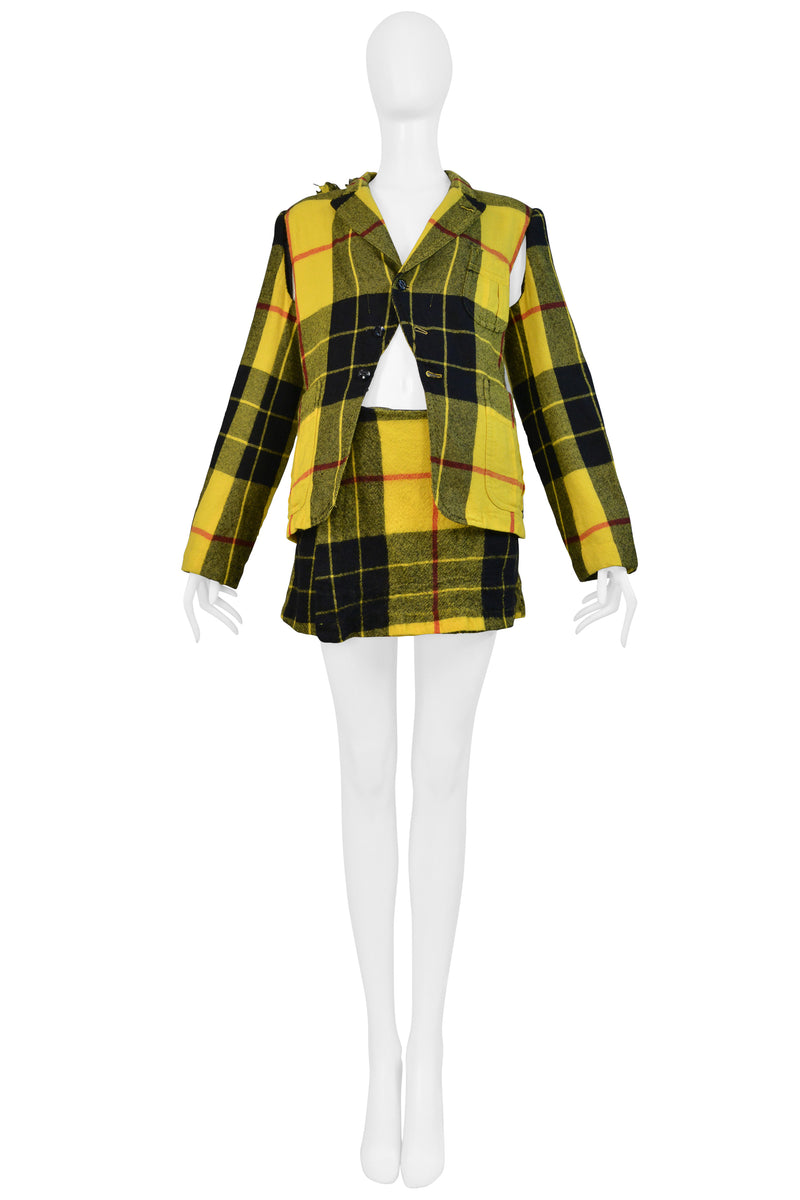 COMME DES GARCONS YELLOW RUFFLE TARTAN JACKET AND SKIRT SUIT ENSEMBLE 2000