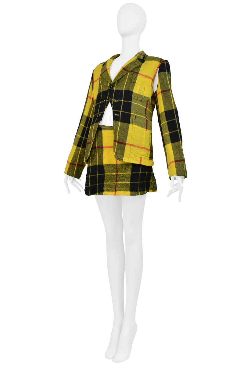 COMME DES GARCONS YELLOW RUFFLE TARTAN JACKET AND SKIRT SUIT ENSEMBLE 2000