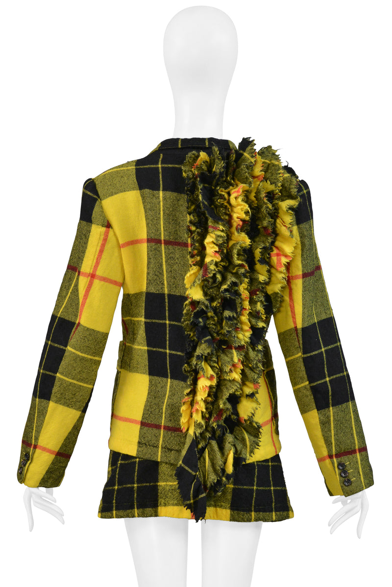 COMME DES GARCONS YELLOW RUFFLE TARTAN JACKET AND SKIRT SUIT ENSEMBLE 2000