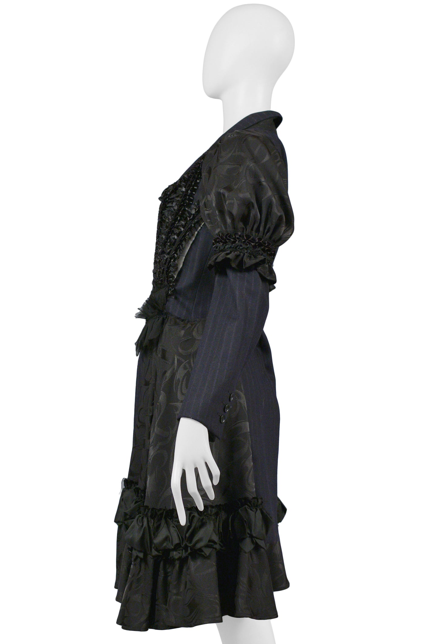 COMME DES GARCONS NAVY PINSTRIPE & BLACK RIBBON FANCY COAT DRESS 2006