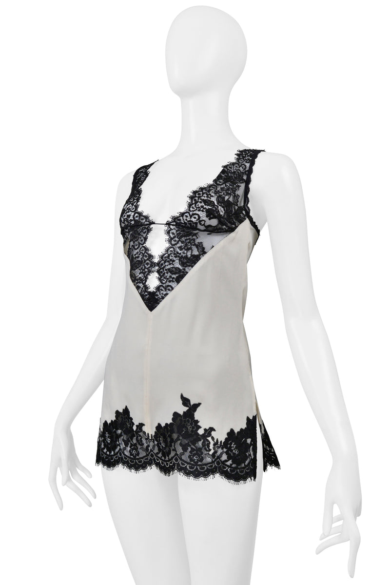 CELINE BY PHOEBE PHILO WHITE SILK CAMISOLE WITH BLACK LACE 2016