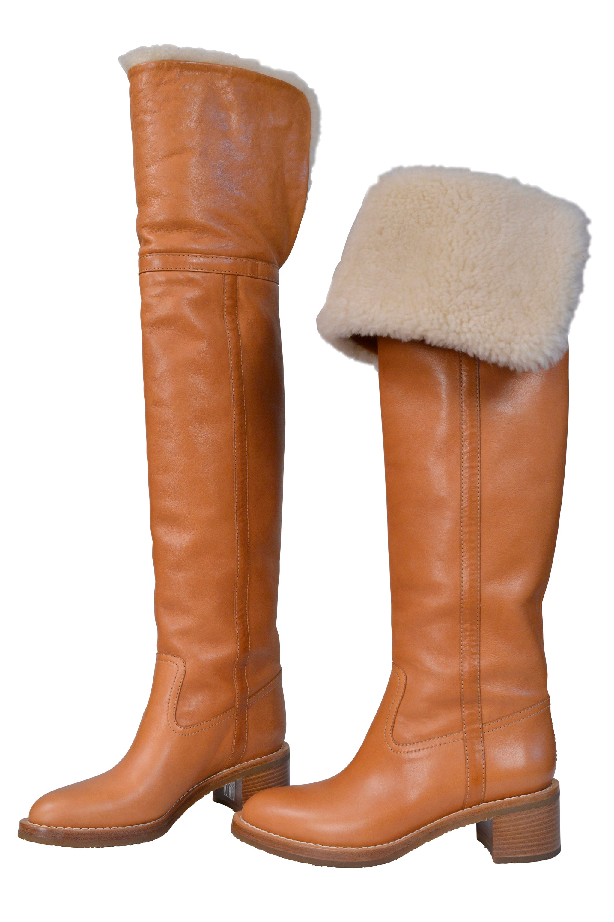 CELINE BY HEDI SLIMANE NATURAL LEATHER AND SHEARLING THIGH HIGH BOOTS 2020