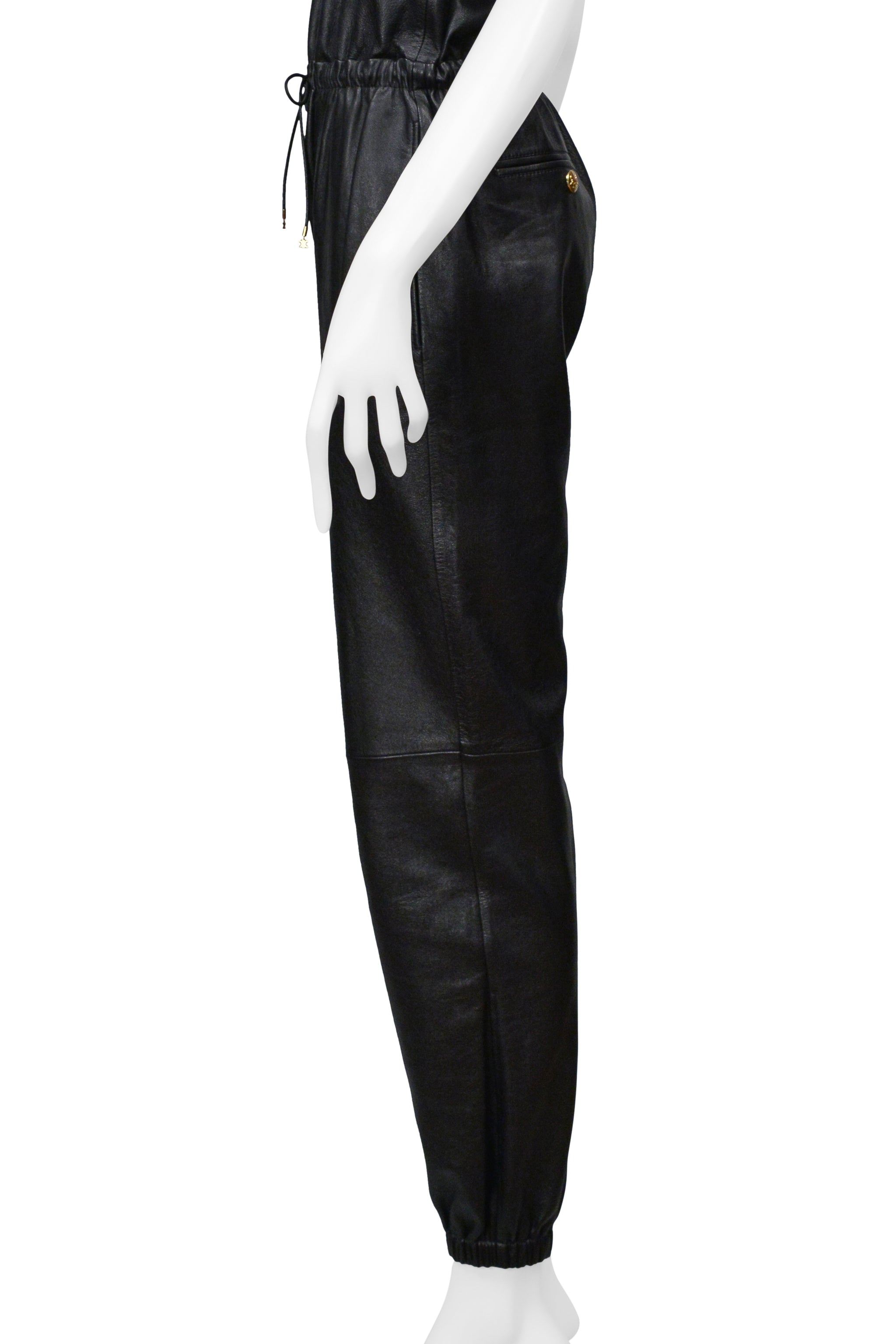 CELINE BY HEDI SLIMANE BLACK LEATHER STRAPLESS JUMPSUIT WITH GOLD DETAILING 2021