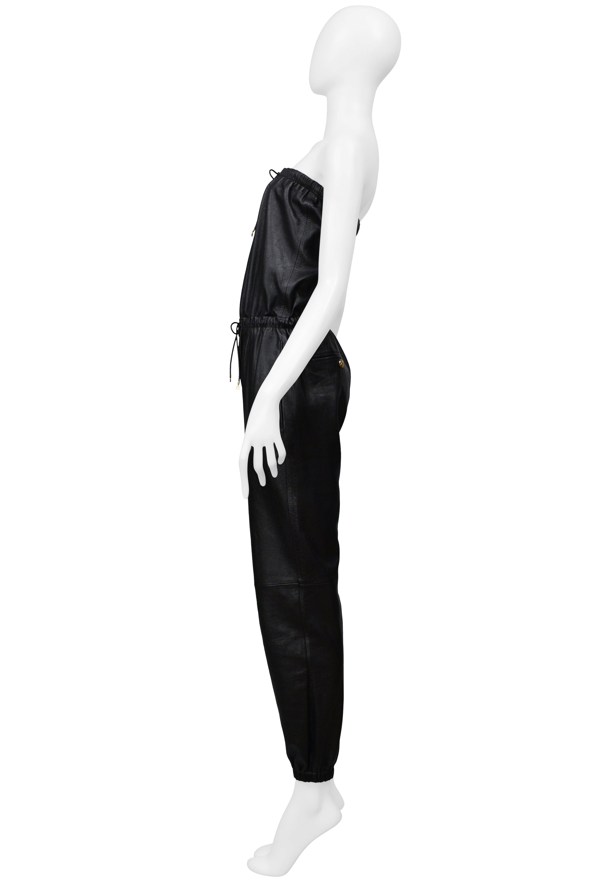 CELINE BY HEDI SLIMANE BLACK LEATHER STRAPLESS JUMPSUIT WITH GOLD DETAILING 2021