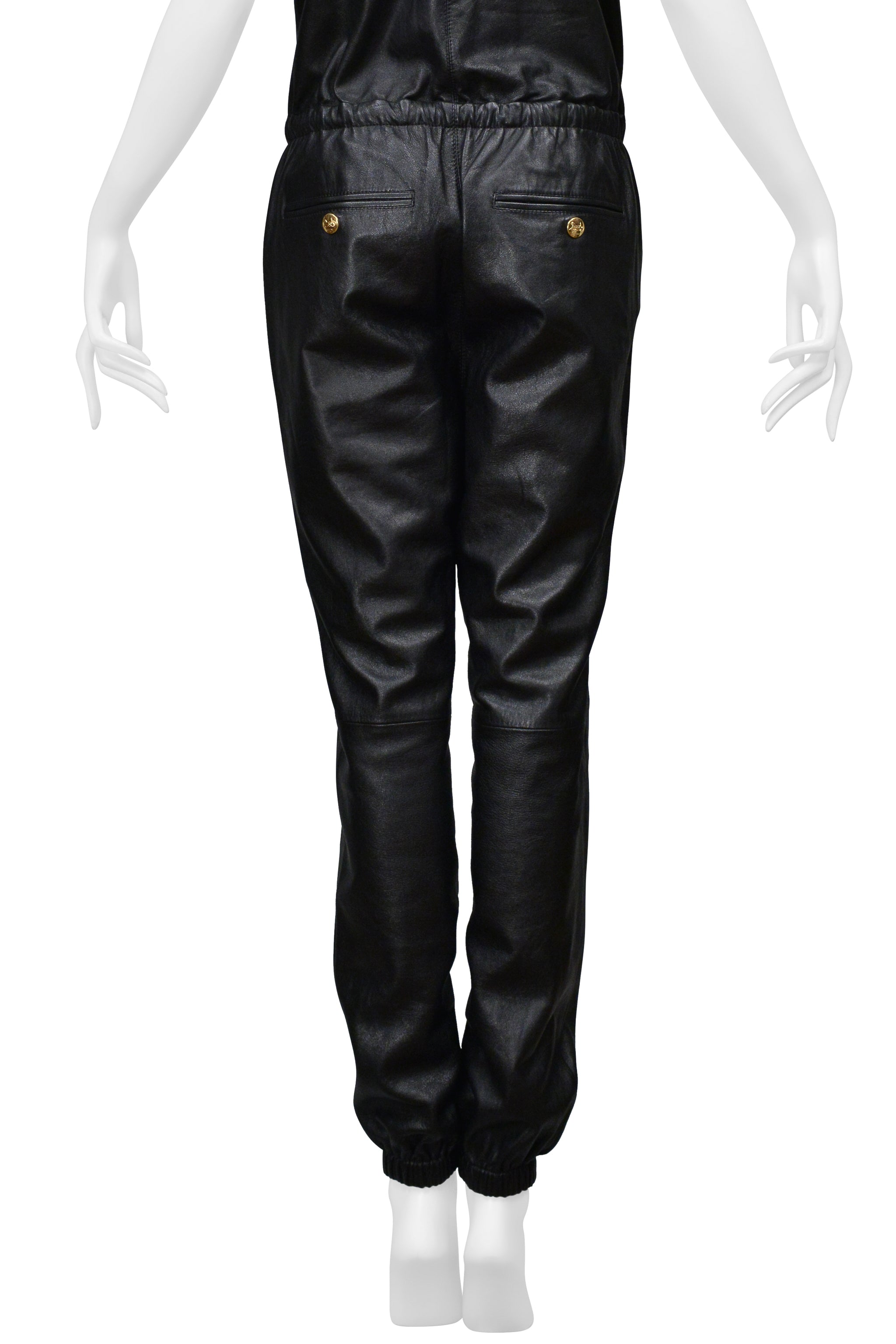 CELINE BY HEDI SLIMANE BLACK LEATHER STRAPLESS JUMPSUIT WITH GOLD DETAILING 2021