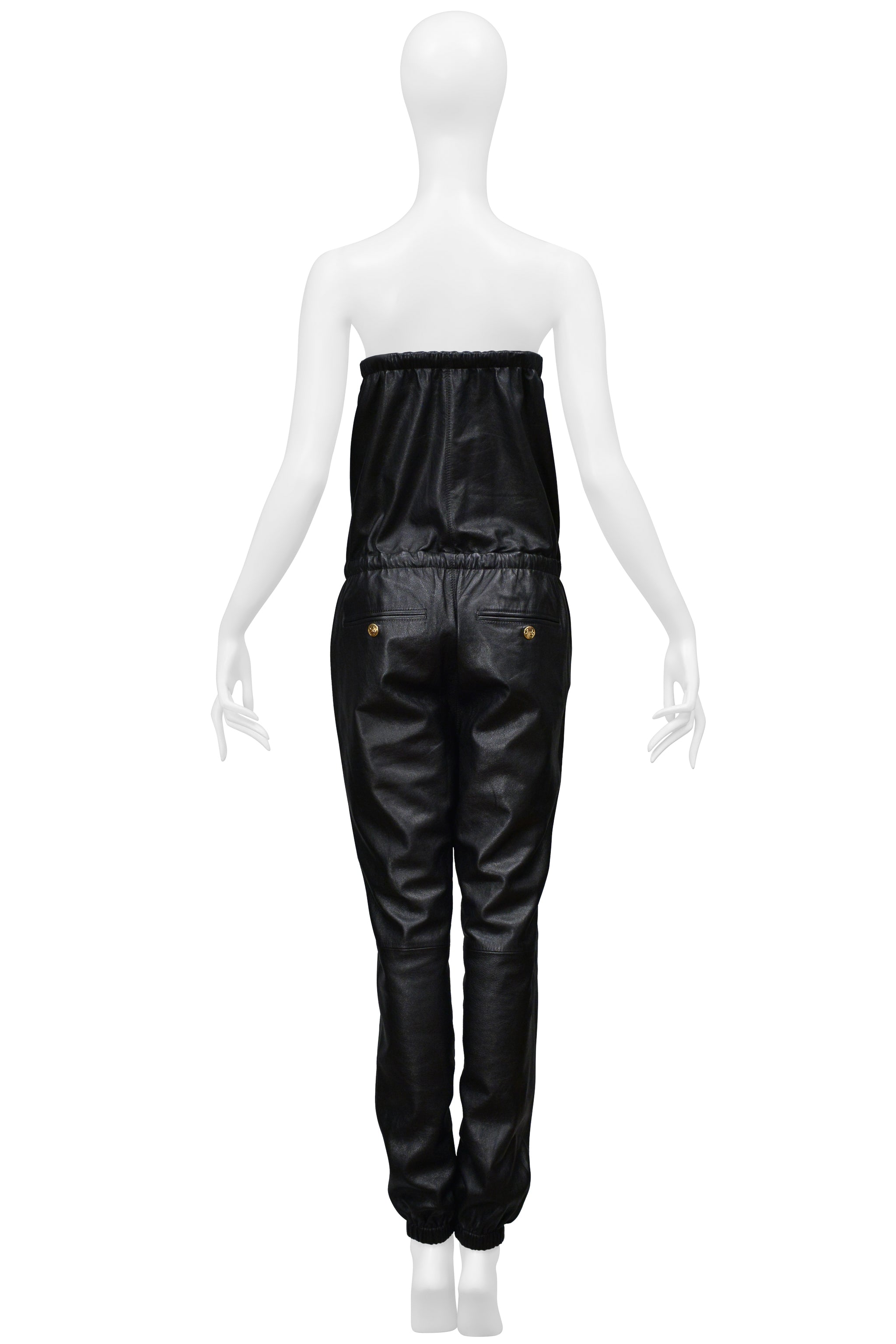 CELINE BY HEDI SLIMANE BLACK LEATHER STRAPLESS JUMPSUIT WITH GOLD DETAILING 2021