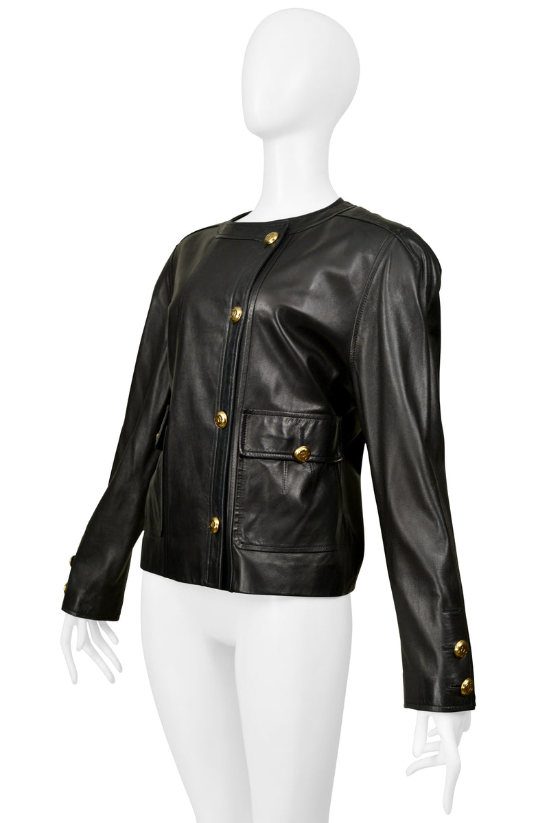 CHANEL BLACK LEATHER JACKET WITH QUILTED POCKETS 1992