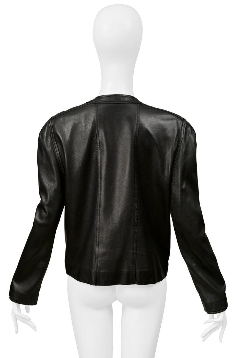 CHANEL BLACK LEATHER JACKET WITH QUILTED POCKETS 1992