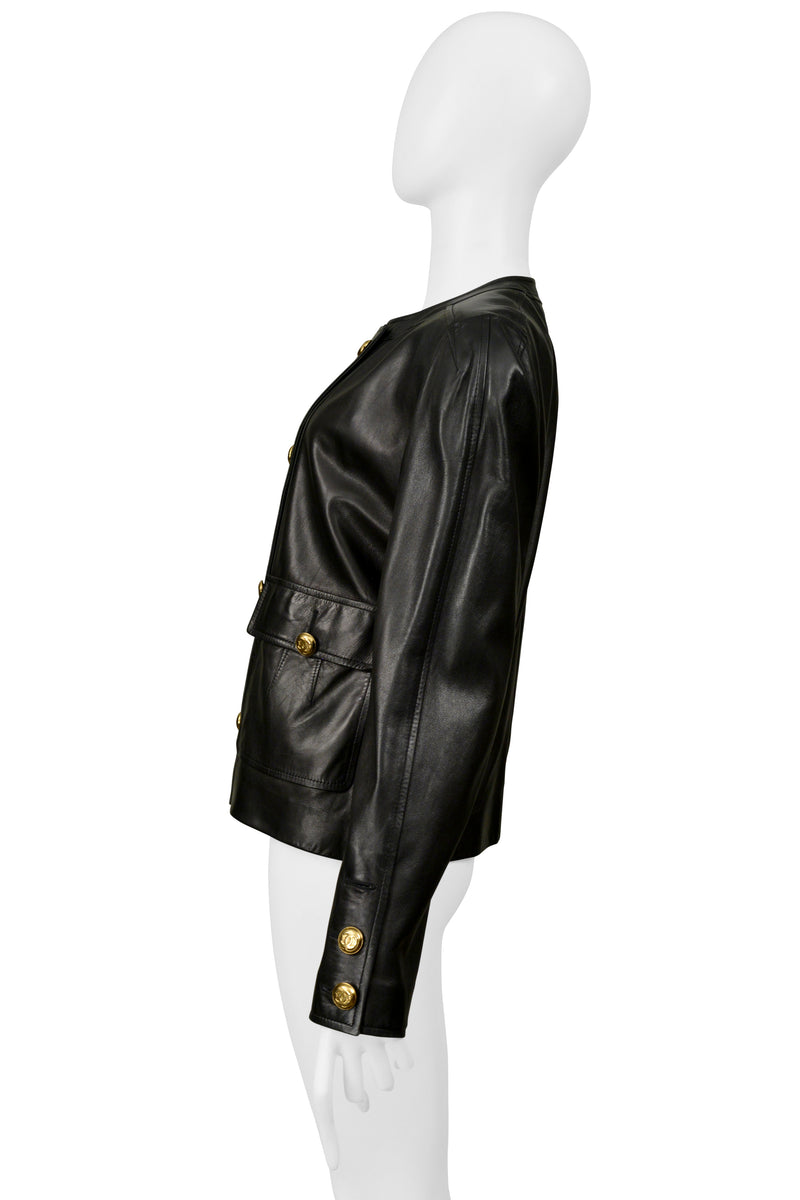 CHANEL BLACK LEATHER JACKET WITH QUILTED POCKETS 1992