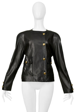 CHANEL BLACK LEATHER JACKET WITH QUILTED POCKETS 1992