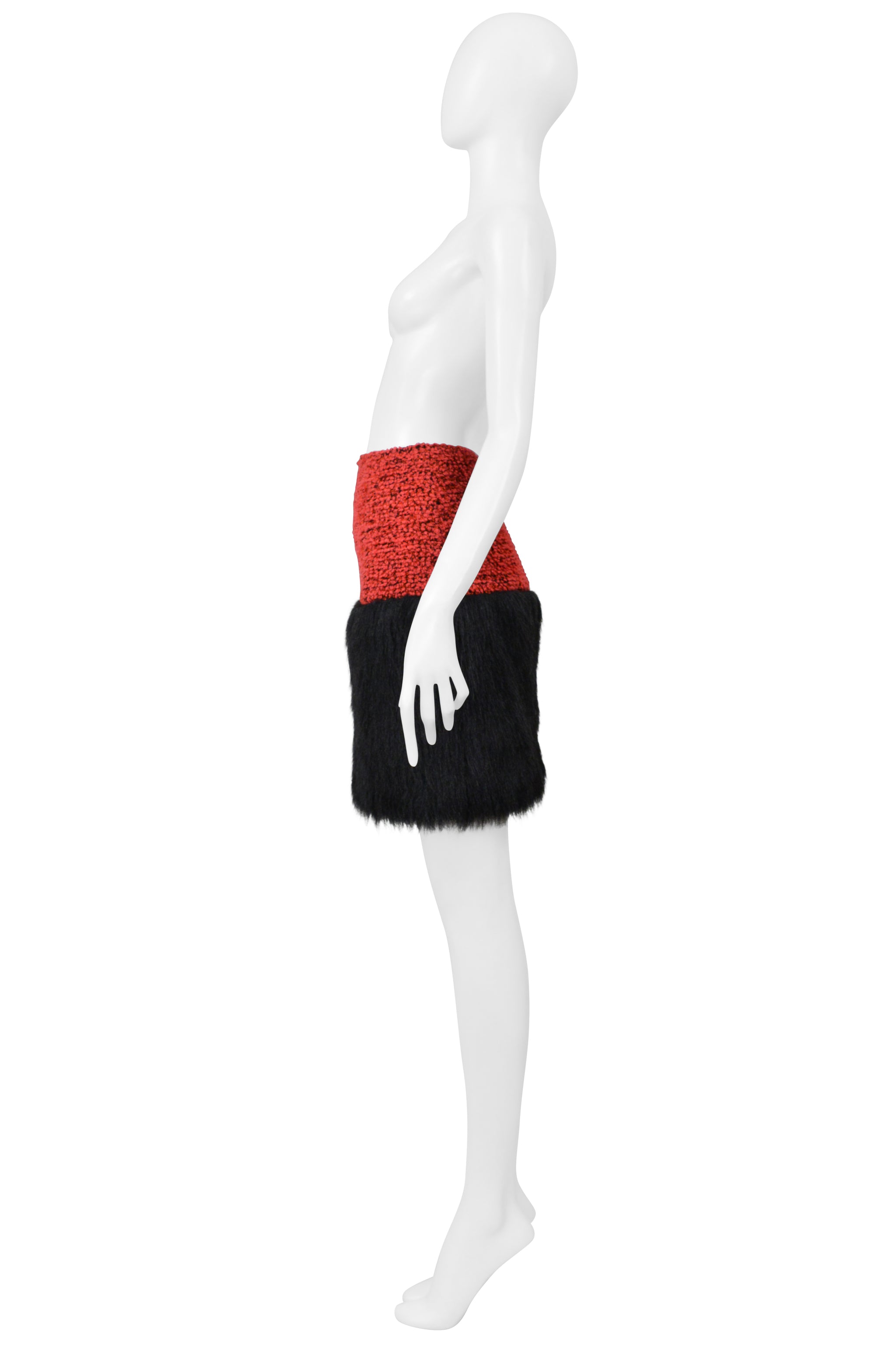 CHANEL RED VELVET TWEED SKIRT WITH BLACK FAUX FUR 1994