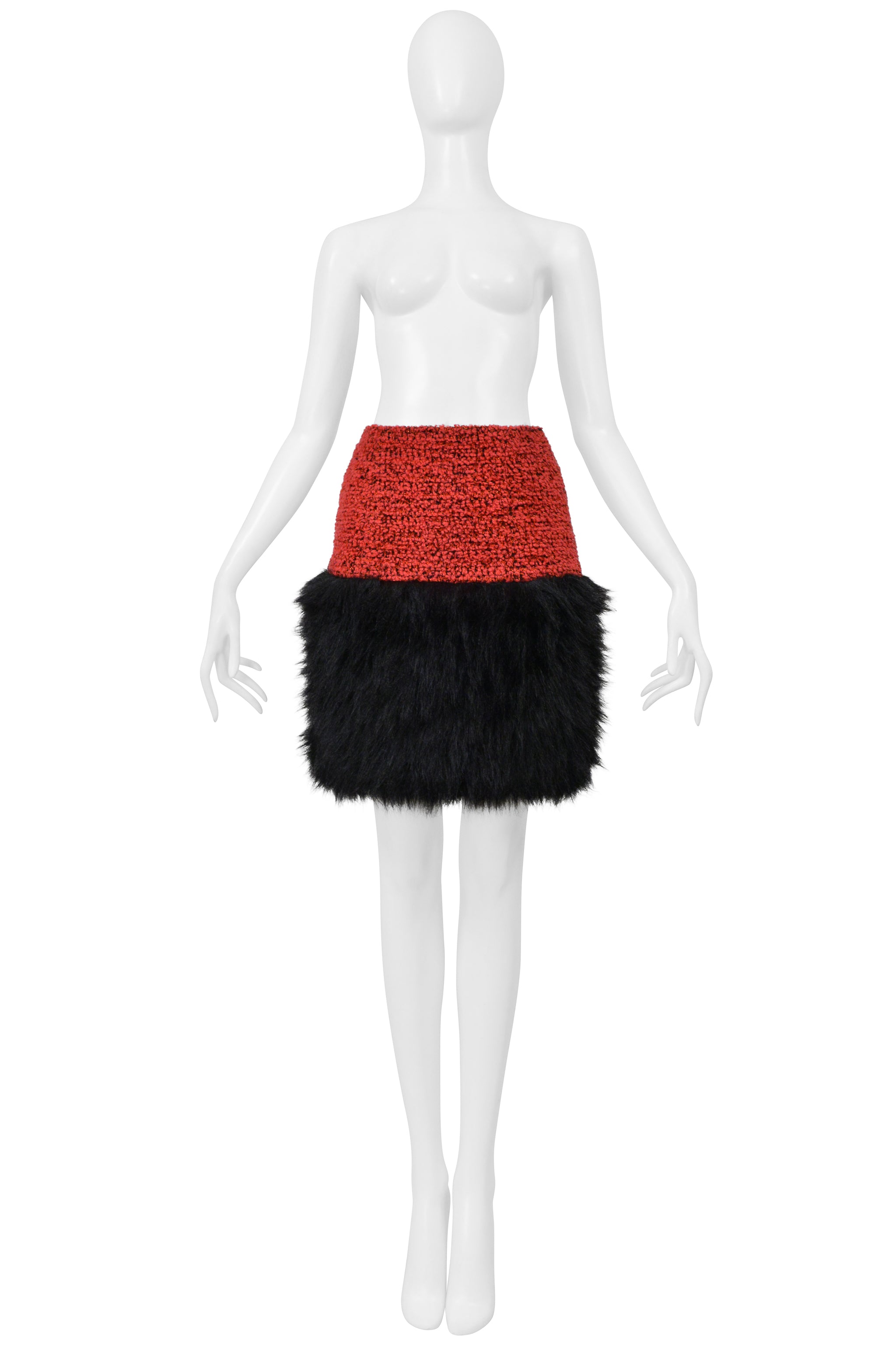 CHANEL RED VELVET TWEED SKIRT WITH BLACK FAUX FUR 1994