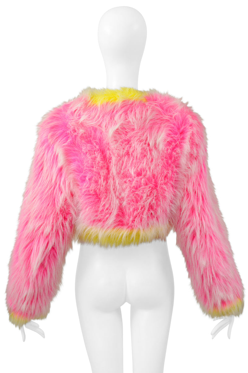 CHANEL ICONIC HOT PINK AND NEON YELLOW FAUX FUR CROPPED JACKET 1994