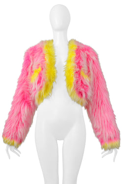 CHANEL ICONIC HOT PINK AND NEON YELLOW FAUX FUR CROPPED JACKET 1994