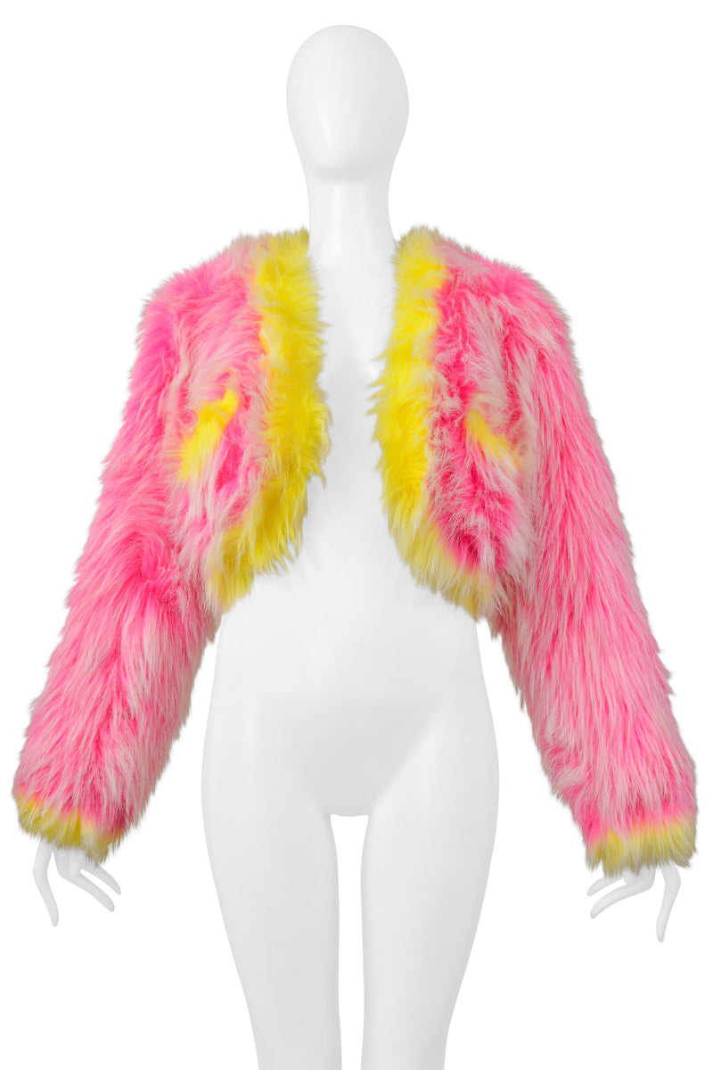 CHANEL ICONIC HOT PINK AND NEON YELLOW FAUX FUR CROPPED JACKET 1994