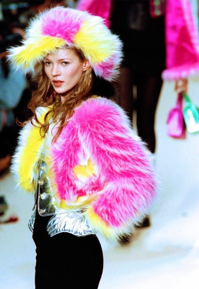 CHANEL ICONIC HOT PINK AND NEON YELLOW FAUX FUR CROPPED JACKET 1994