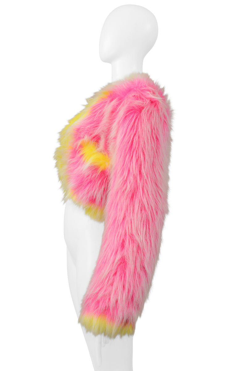 CHANEL ICONIC HOT PINK AND NEON YELLOW FAUX FUR CROPPED JACKET 1994