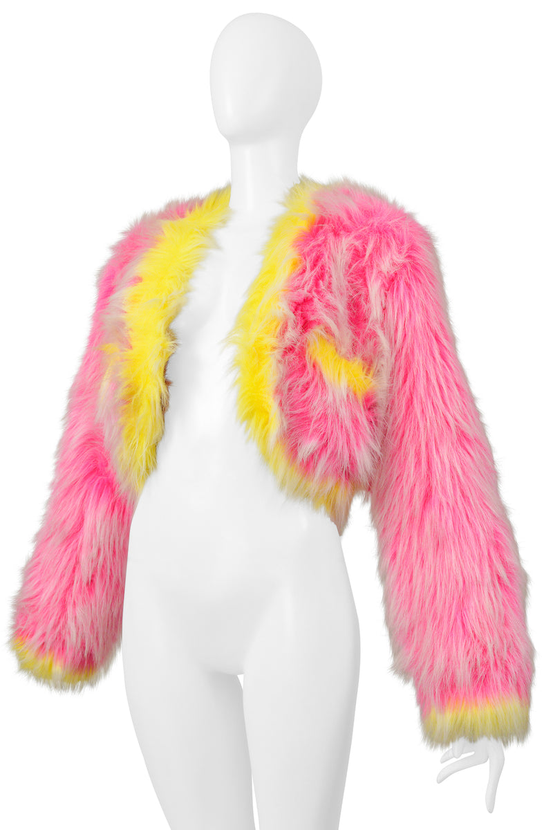 CHANEL ICONIC HOT PINK AND NEON YELLOW FAUX FUR CROPPED JACKET 1994