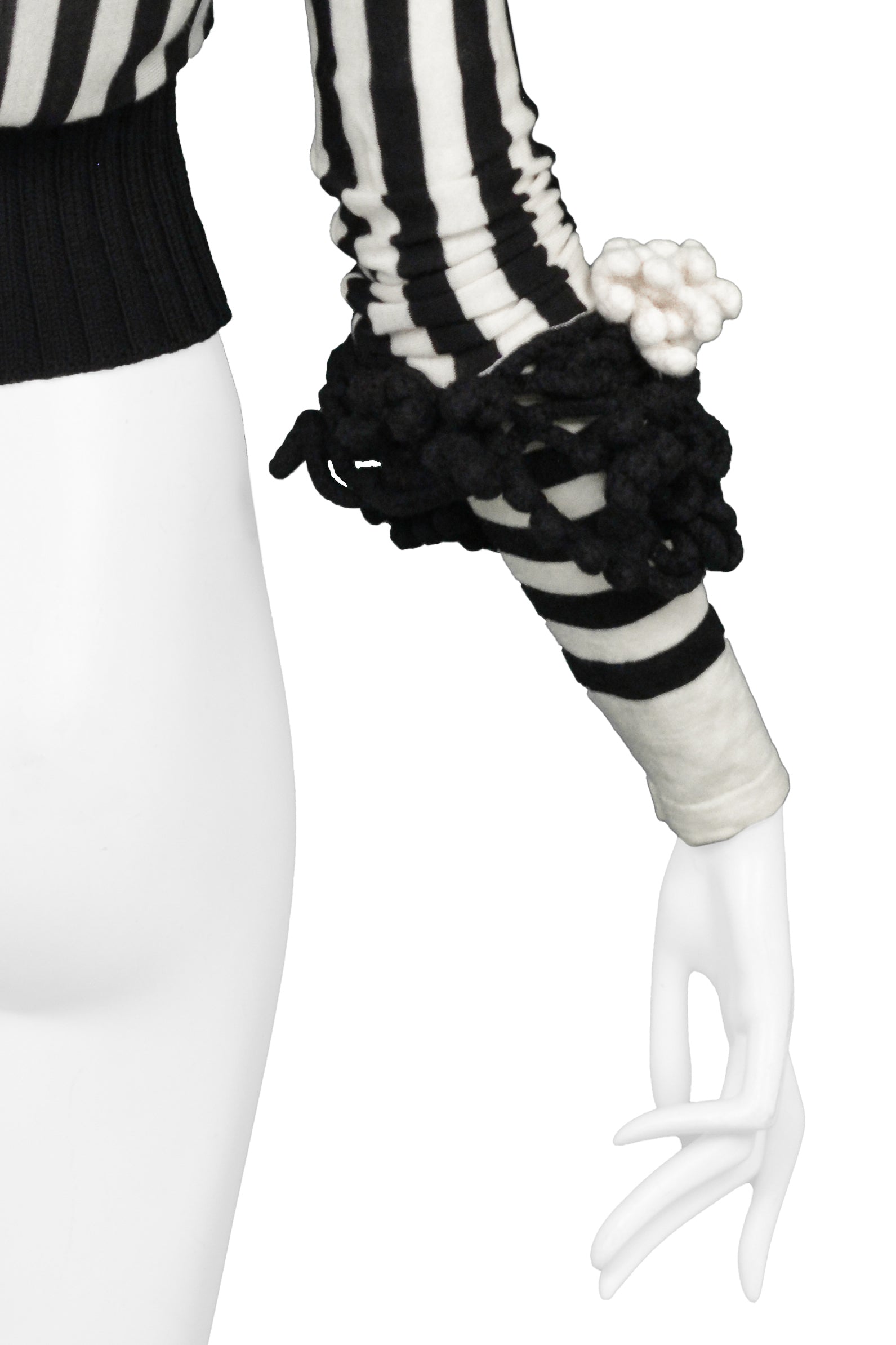 CHANEL BLACK & WHITE KNIT STRIPED TOP WITH CROCHET FLOWERS. 2007