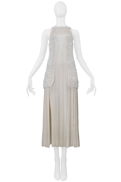 CHANEL OFF WHITE SATIN DRESS WITH DECORATED OVER BODICE AND PLEATS 2014