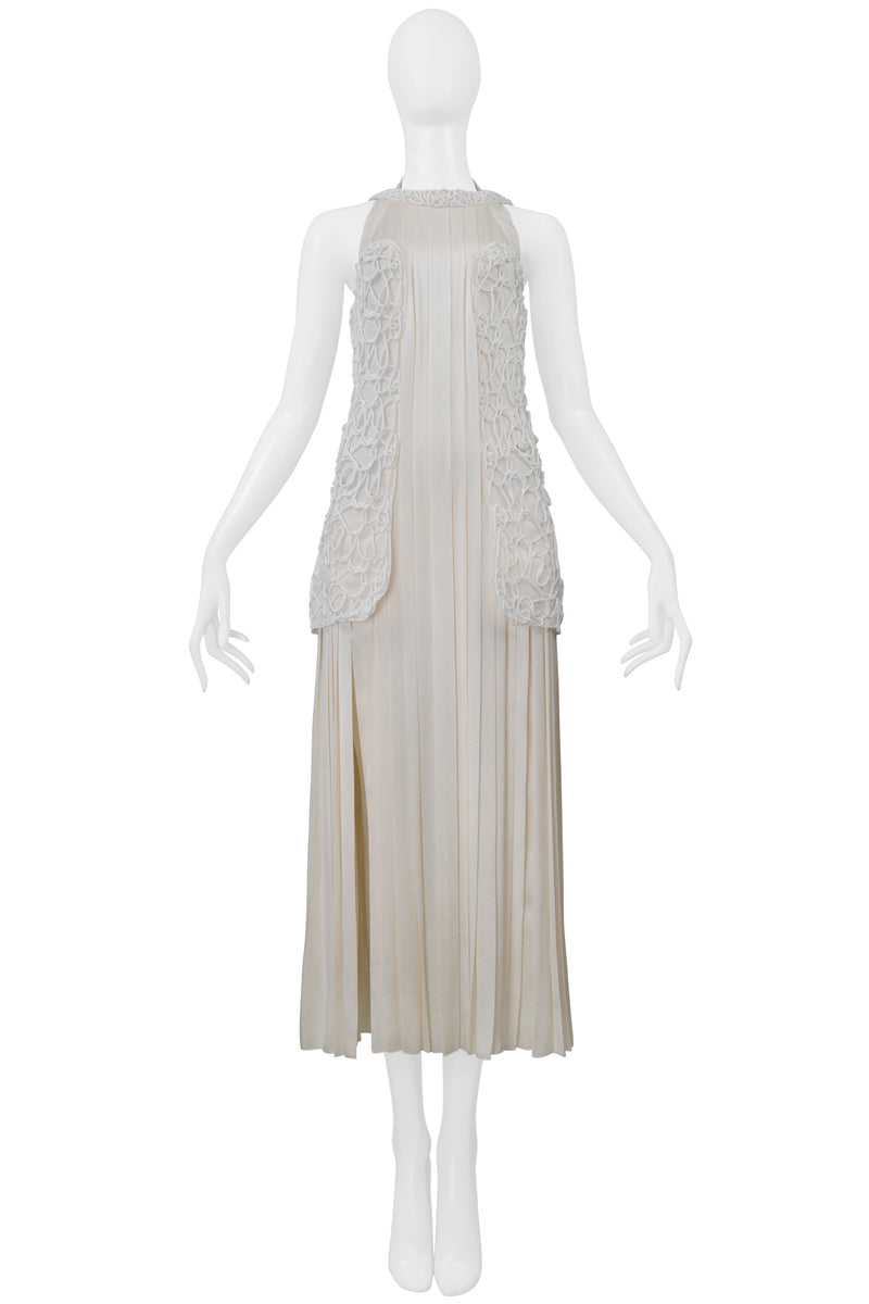 CHANEL OFF WHITE SATIN DRESS WITH DECORATED OVER BODICE AND PLEATS 2014