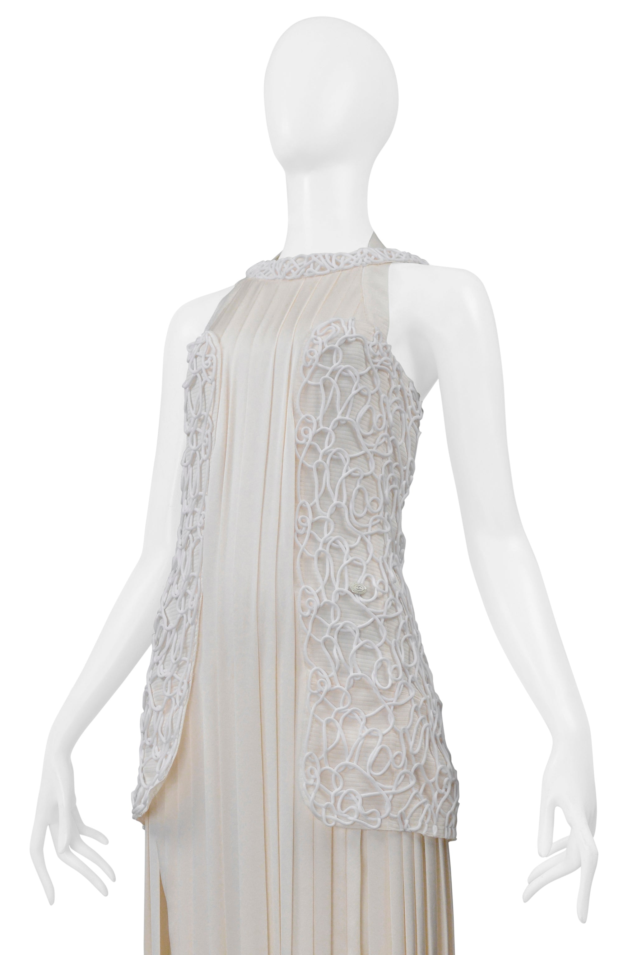 CHANEL OFF WHITE SATIN DRESS WITH DECORATED OVER BODICE AND PLEATS 2014