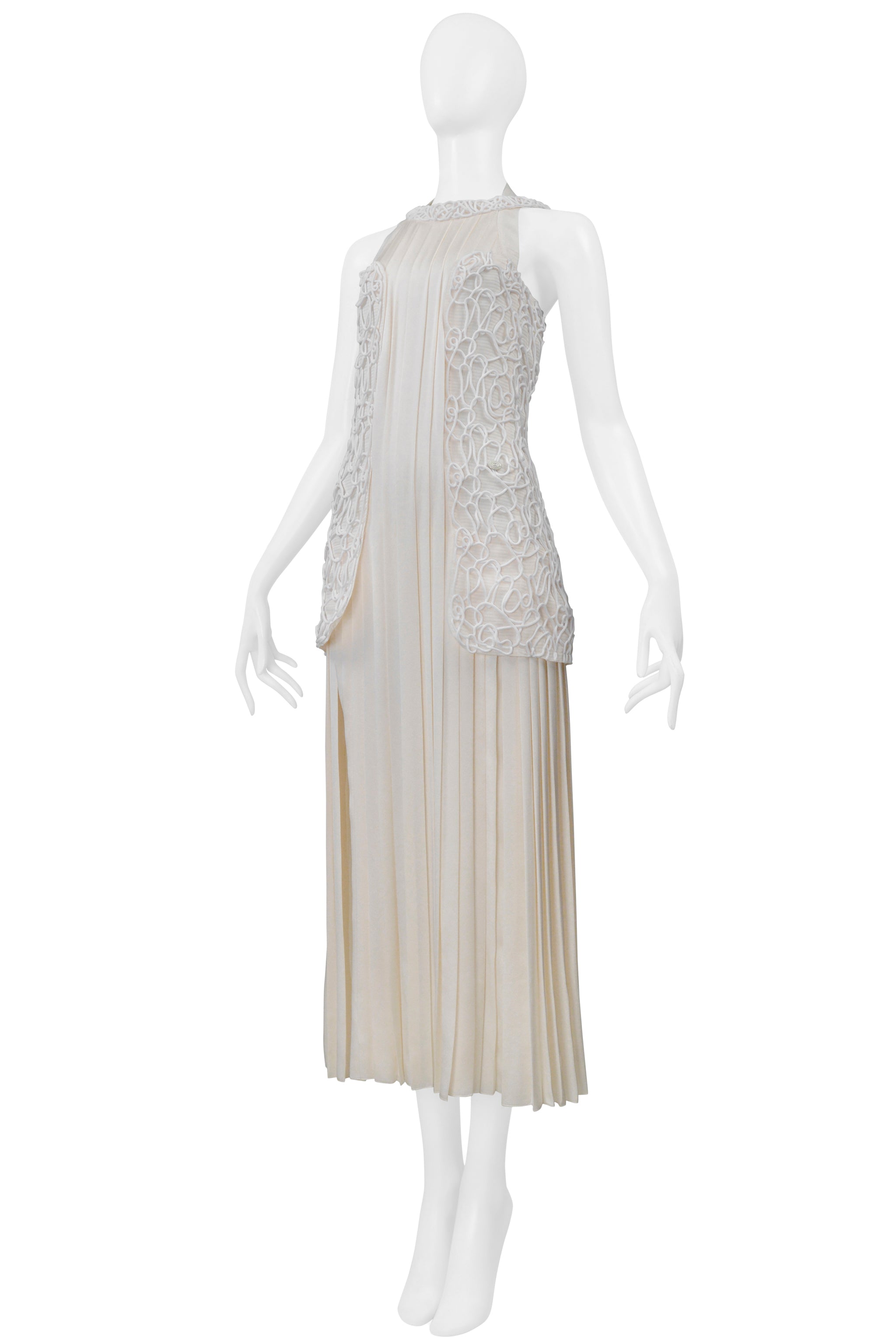 CHANEL OFF WHITE SATIN DRESS WITH DECORATED OVER BODICE AND PLEATS 2014