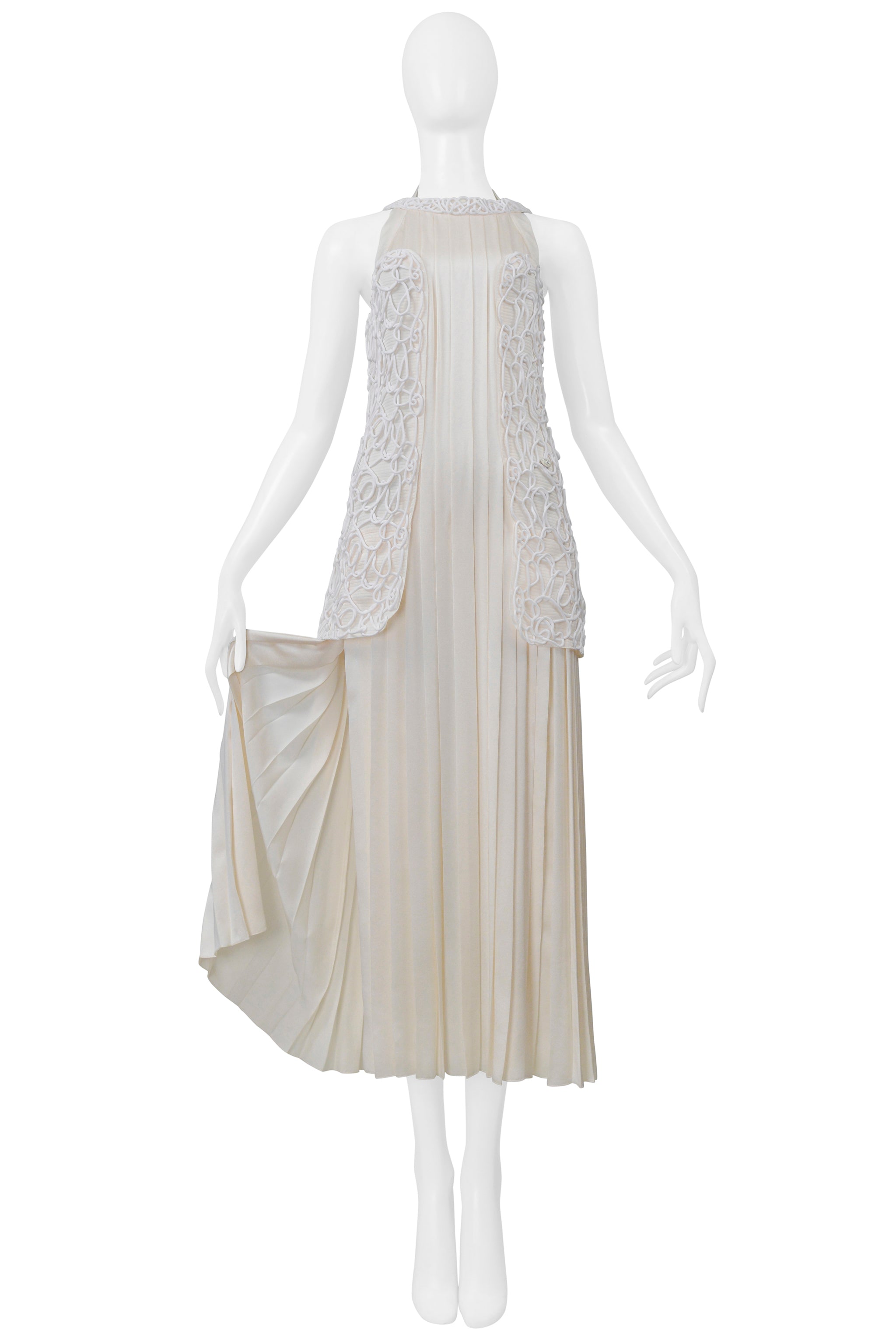 CHANEL OFF WHITE SATIN DRESS WITH DECORATED OVER BODICE AND PLEATS 2014