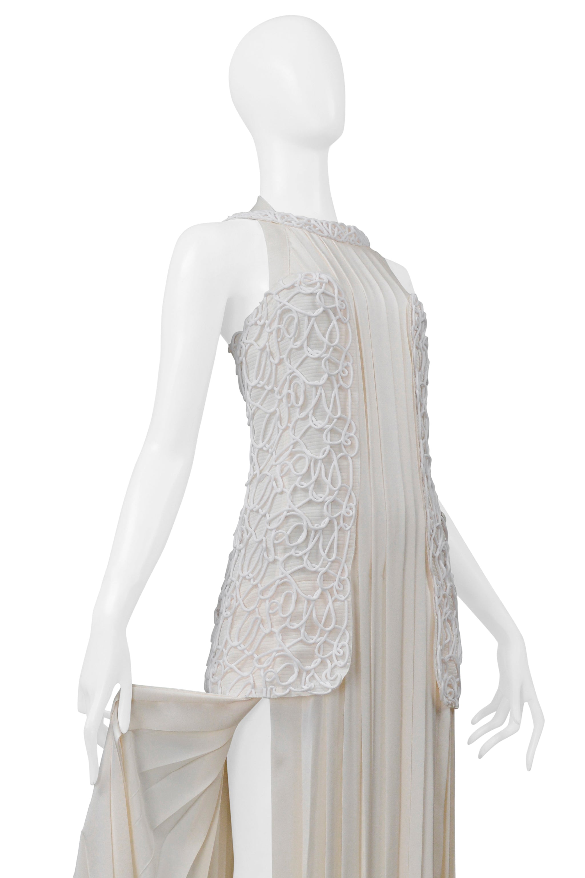 CHANEL OFF WHITE SATIN DRESS WITH DECORATED OVER BODICE AND PLEATS 2014