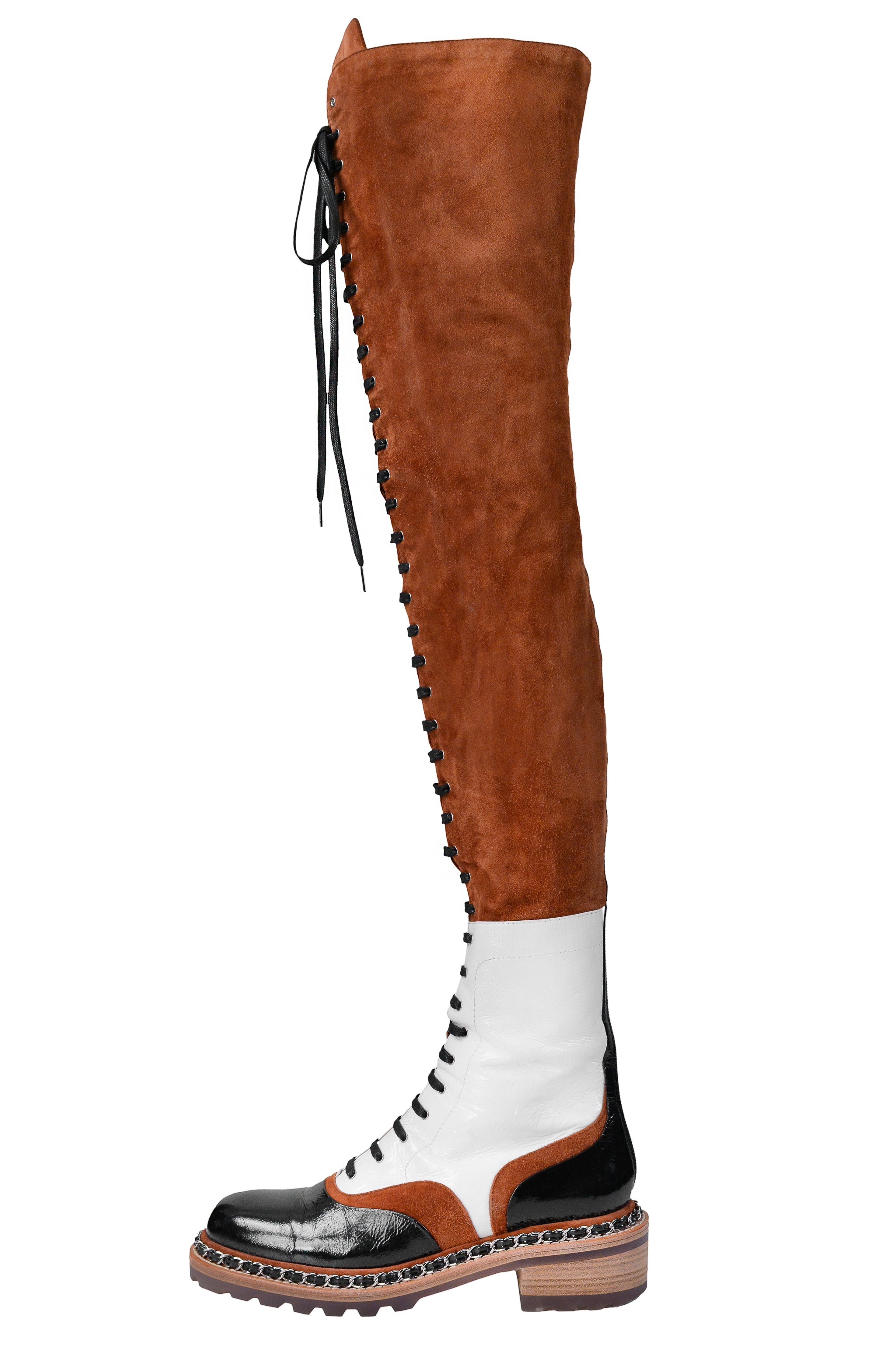 CHANEL BROWN SUEDE AND WHITE LEATHER SALZBURG BOOTS 2015