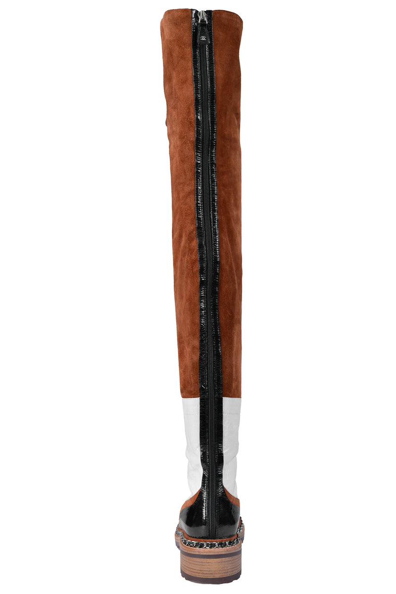 CHANEL BROWN SUEDE AND WHITE LEATHER SALZBURG BOOTS 2015