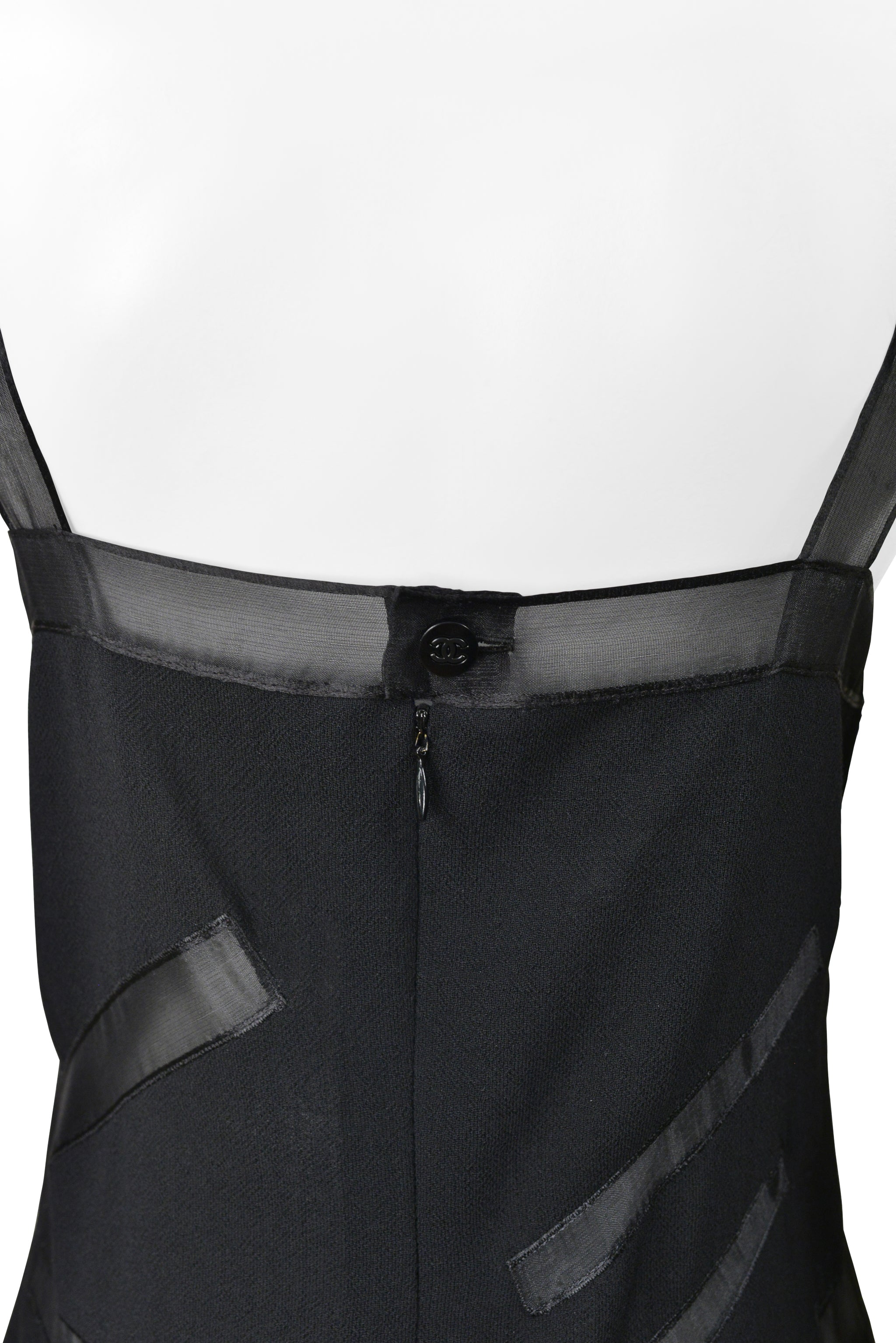 CHANEL BLACK PARTY DRESS WITH SHEER STRAPS AND PANELS 1998