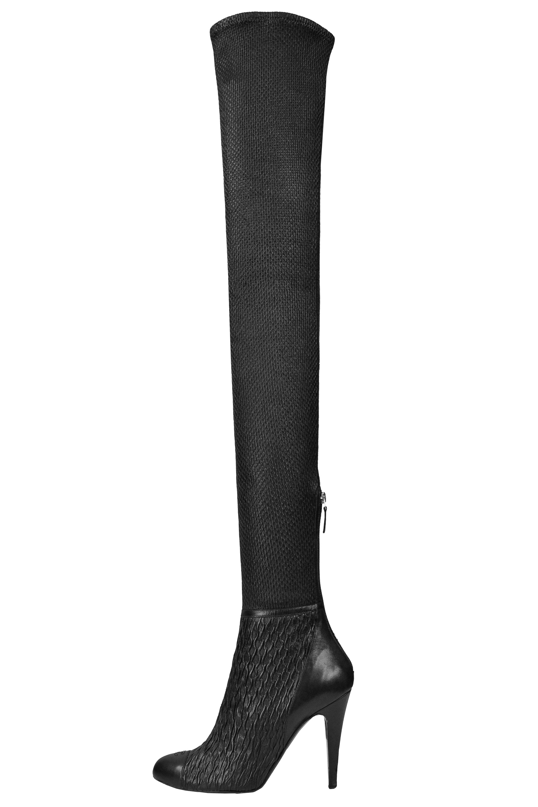 CHANEL BLACK RIBBED LEATHER THIGH HIGH SOCK BOOTS