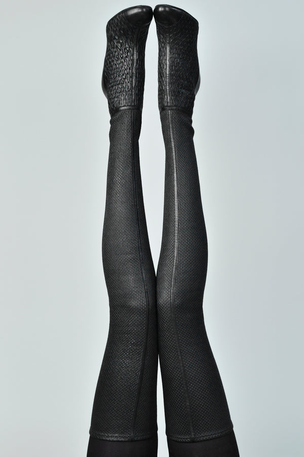 CHANEL BLACK RIBBED LEATHER THIGH HIGH SOCK BOOTS