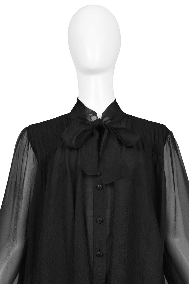 CHANEL BY KARL LAGERFELD BLACK CHIFFON PUSSY BOW BLOUSE WITH CC BUTTONS