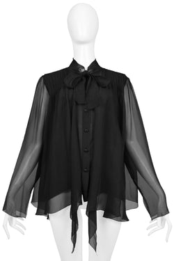 CHANEL BY KARL LAGERFELD BLACK CHIFFON PUSSY BOW BLOUSE WITH CC BUTTONS