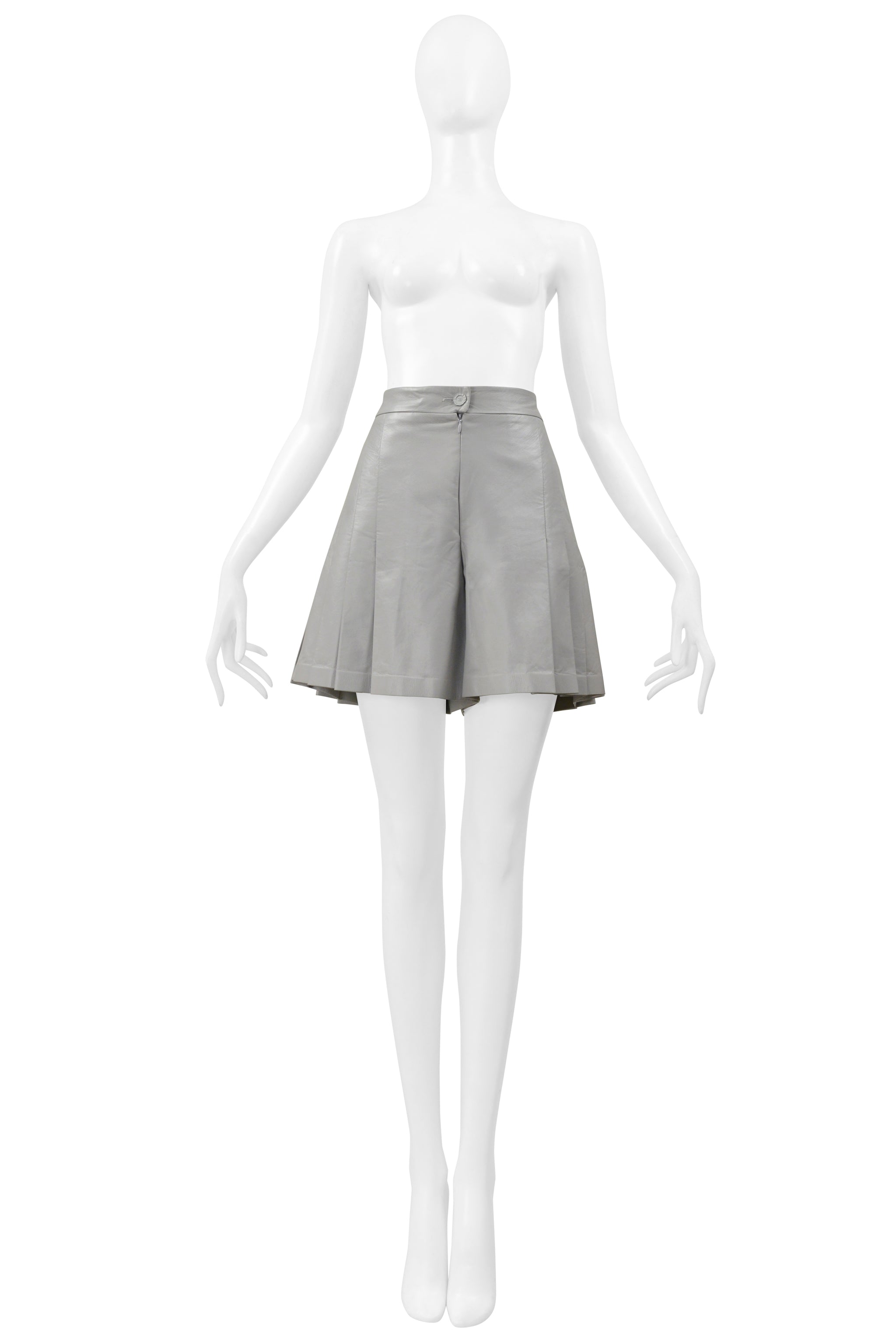 CHANEL GREY PLEATED LEATHER WALKING SHORTS