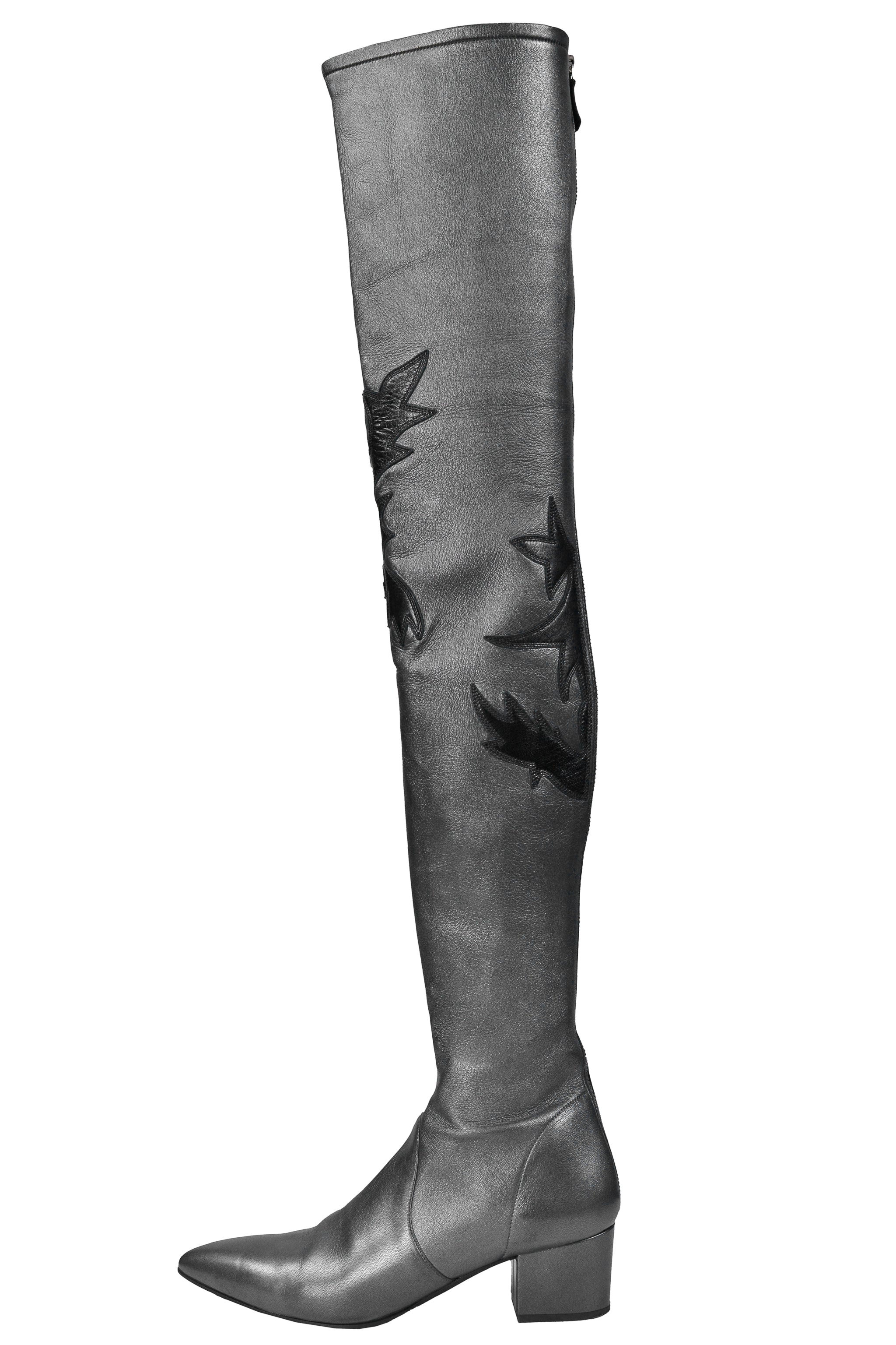 CHANEL PARIS-DALLAS METALLIC LEATHER THIGH HIGH BOOTS WITH BLACK EMBLEMS & ZIPPERS 2014