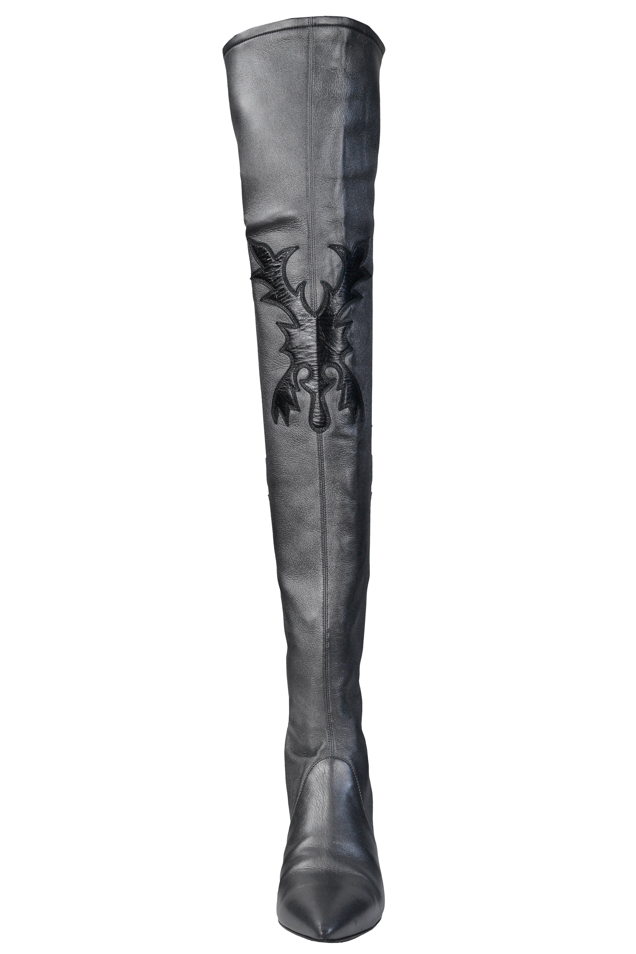 CHANEL PARIS-DALLAS METALLIC LEATHER THIGH HIGH BOOTS WITH BLACK EMBLEMS & ZIPPERS 2014